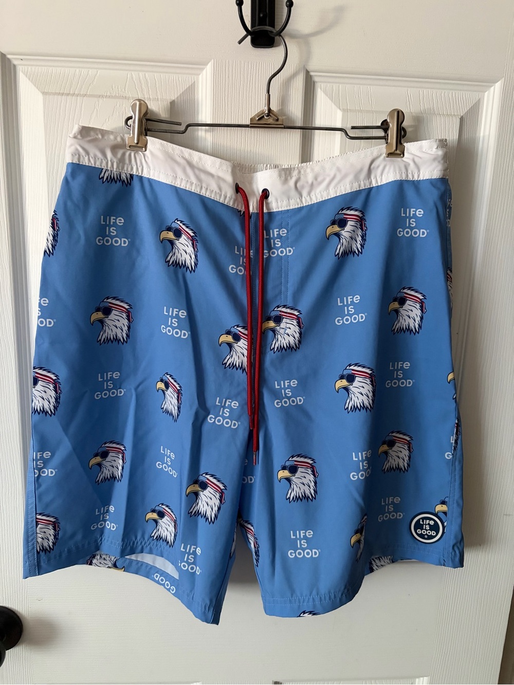 Life Is Good Blue Brief Lined Swim Trunks 50+ UPF Board Shorts Men's L NWOT